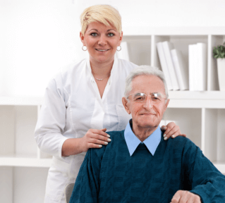 Senior patient with nurse at clinic